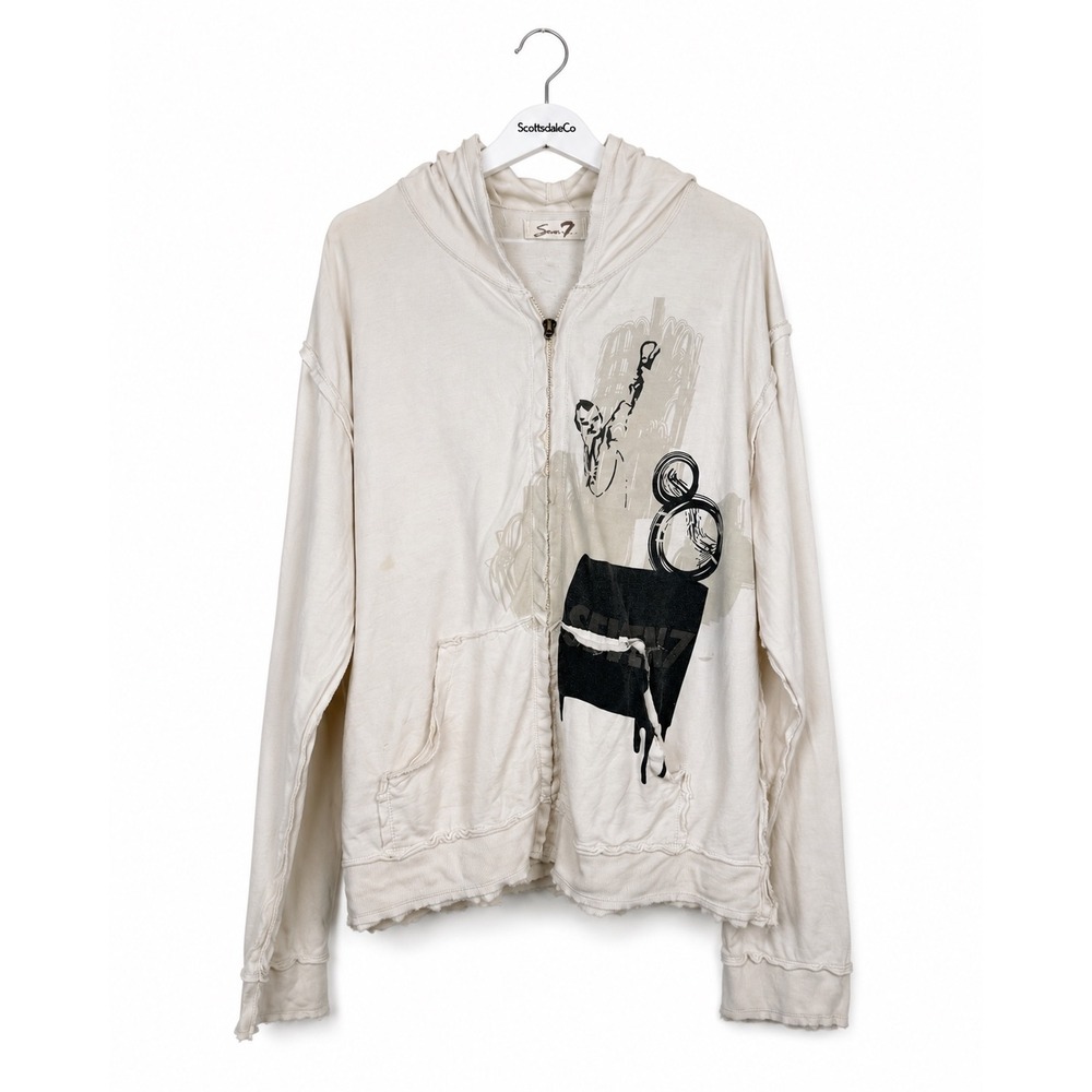 Seven7 Graphic Hoodie Mens XL 2006 Cream Distressed Skull Streetwear Zip Up